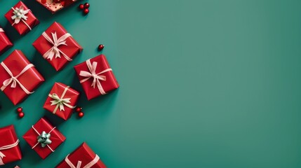 Fototapeta premium Festively Wrapped Red Gifts on a Bright Green Background