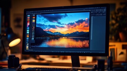 Fototapeta premium Minimalistic Workspace with Large Monitor Displaying Artwork