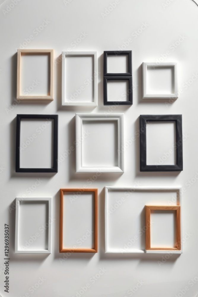 Poster collection of picture frames in various colors and sizes arranged on a wall, creating an artistic di