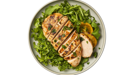 Grilled chicken breast with herb seasoning, sliced and arranged on a plate, high-protein meal, isolated on white background, PNG format, top view 