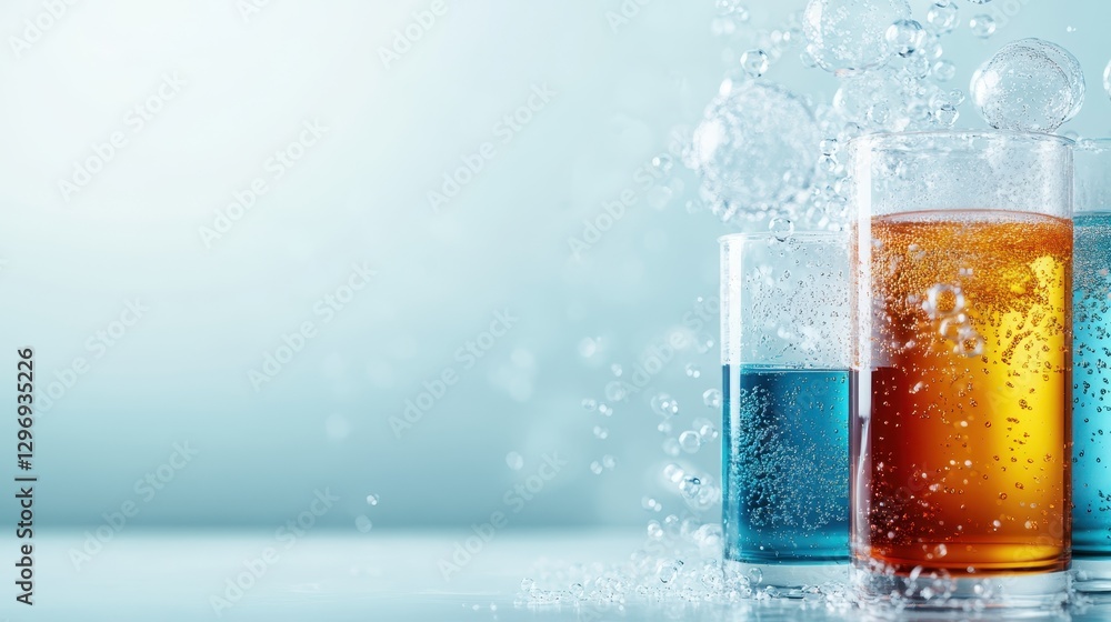 Poster an artistic arrangement of drinks in glasses, with bubbles rising and splashing against a light blue
