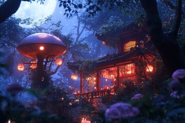 Obraz premium Tranquil lit cabin in forest with giant mushroom and flowers. Background moon