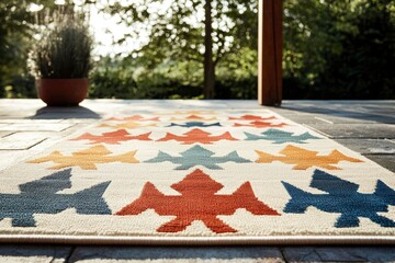 Rug on patio outdoors in summer. Cozy background for home decor, and product images