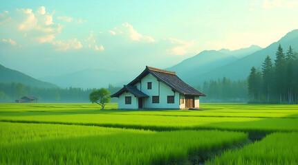 Obraz premium Peaceful house in lush rice field surrounded by misty mountains, showcasing traditional architecture