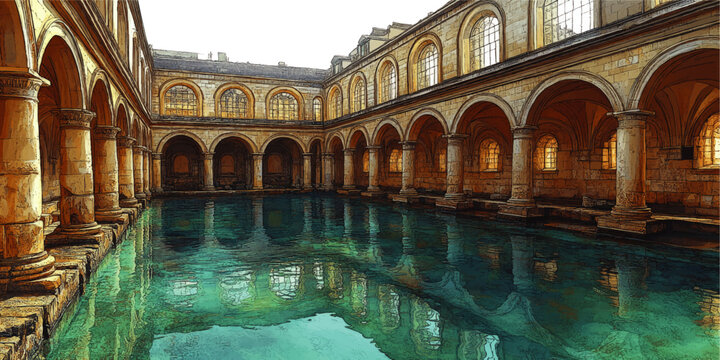 Vector Art of Historic Roman Bath with Arched Columns and Tranquil Water Reflections in Ancient Architecture Setting with Vintage Stone Interior Design