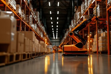 Robotic arm works in a warehouse with stock. Use for manufacture technology