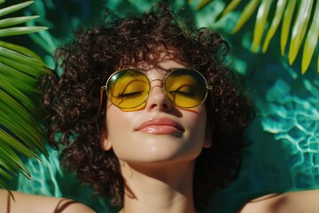 Woman lying in pool with sunglasses