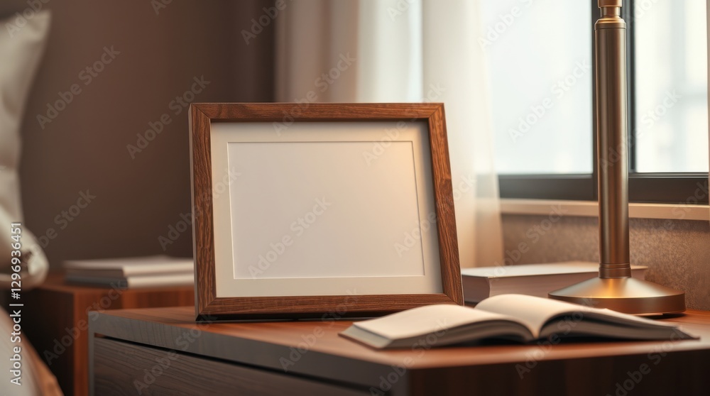 Poster elegant blank picture frame on a bedside table beside a lamp with an open book adds a personal touch