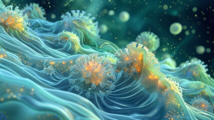 Obraz premium Microscopic view of vibrant virus structures.