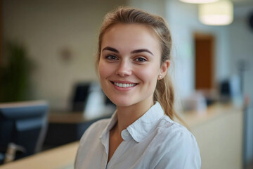 Obraz premium Portrait of a smiling young female hotel receptionist generative AI image