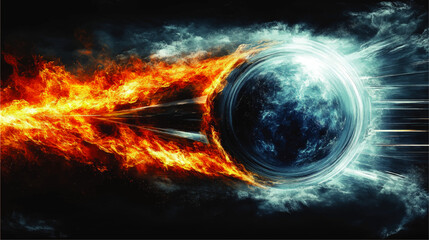 Stunning Vector Art of Fiery Cataclysmic Elements with Flames and Icy Sphere - Dynamic Abstract Illustration of Fire vs Ice, Cosmic Imagery, Energy Clash