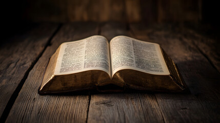 Obraz premium An open Bible on an old wooden table 