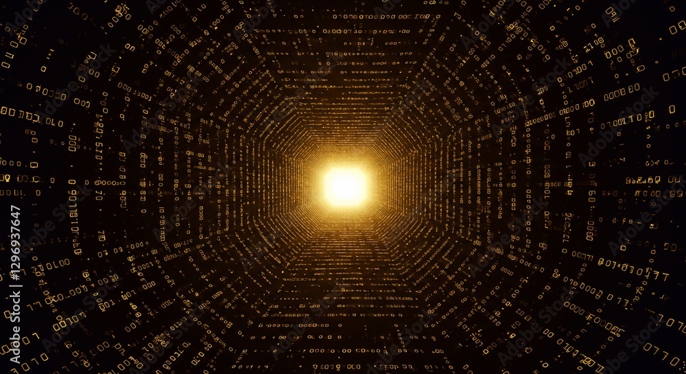 Wall mural high-tech futuristic background in brown-gold shades, 3d tunnel with binary code and glowing light