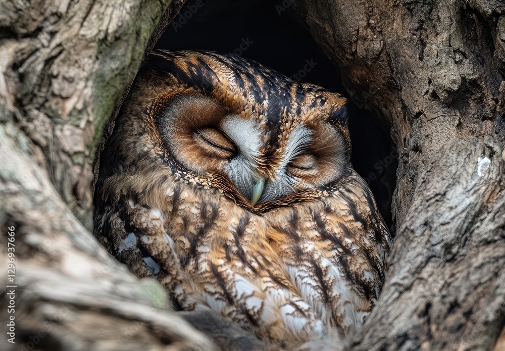 Poster serene owl resting in a tree hollow, showcasing intricate feather patterns and peaceful expression i