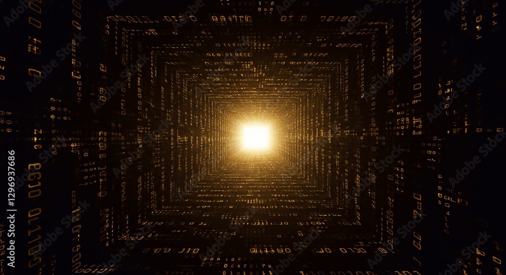 Wall mural high-tech futuristic background in brown-gold shades, 3d tunnel with binary code and glowing light