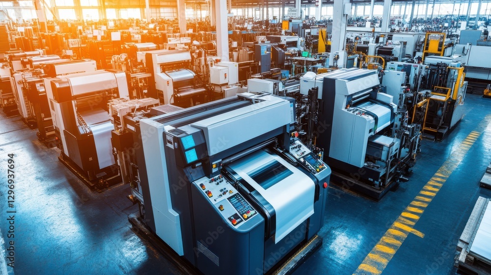 Poster modern print shop with automated machines in action