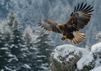 Fototapeta premium Majestic golden eagle soaring gracefully over a snow-covered rocky landscape with evergreen trees in the backdrop on a clear winter day