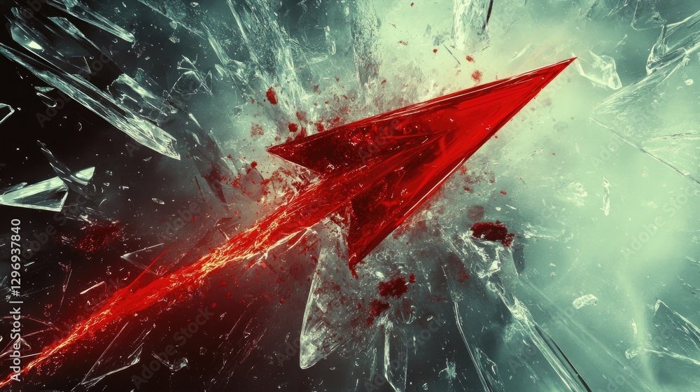 Poster a neon red arrow piercing through a storm of transparent shards, creating an electrifying impact.