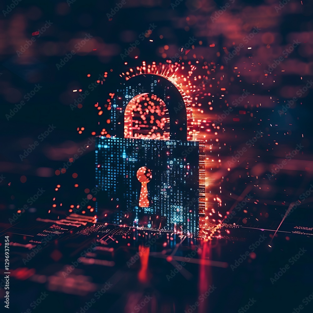 Poster digital padlock icon with pixelated texture and glowing red sparks. cybersecurity concept for data p