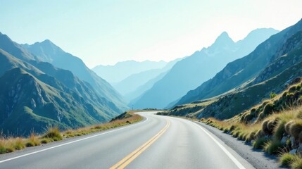 Naklejka premium Asphalt ribbon winding through a majestic mountain range, a scenic drive offering breathtaking views of layered peaks under a clear sky