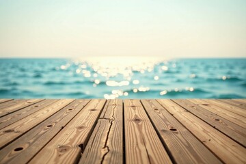 Fototapeta premium Tranquil Ocean View with Rustic Wooden Deck A Serene Summer Seascape Perfect for Relaxation and Peaceful Contemplation