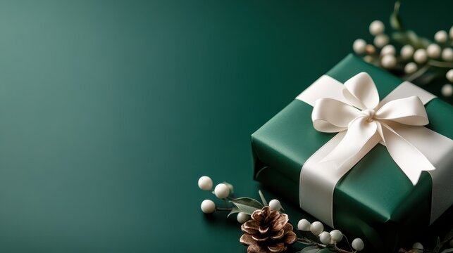 This image captures a beautifully wrapped green gift box adorned with a delicate white ribbon, surrounded by decorative elements like pinecones, showcasing holiday spirit.