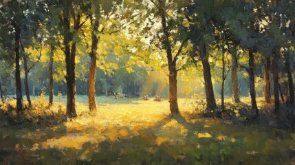 A beautiful painting of a forest with sunlight shining through trees