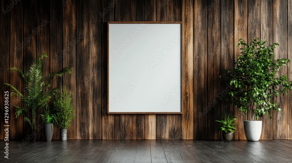 Poster an inviting wooden setting decorated with lush greenery and an empty rectangular frame, blending nat