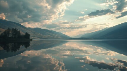 Tranquil evening: Lake reflection of mountains in the distance