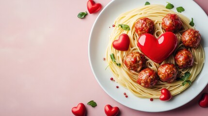Romantic Spaghetti Meatball Dinner With Hearts