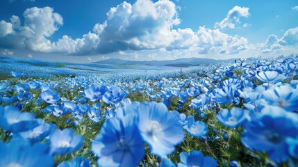 Breathtaking Blue Flower Field Under Bright Sky with Fluffy Clouds and Scenic Landscape View