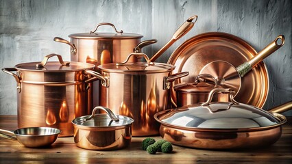 Vintage Kitchenware: Copper & Steel Pans, Pots & Lids on White Background