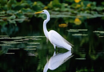 Obraz premium Majestic Great White Egret Standing Gracefully in Calm Water Surrounded by Lush Greenery and Floating Water Lilies