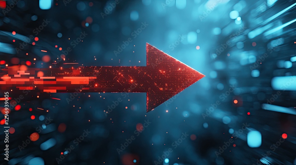 Poster a sharp red arrow crashing through a futuristic digital landscape, representing speed and innovation