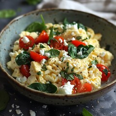 there is a bowl of food with tomatoes and spinach on it