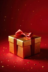 A Sparkling Gold Gift Box with a Crimson Ribbon, Adorned with Festive Confetti on a Rich Red Background