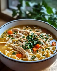there is a bowl of soup with noodles and chicken in it