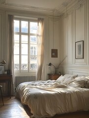 there is a bed in a room with a window and a desk