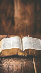 Obraz premium An open Bible on an old wooden table 