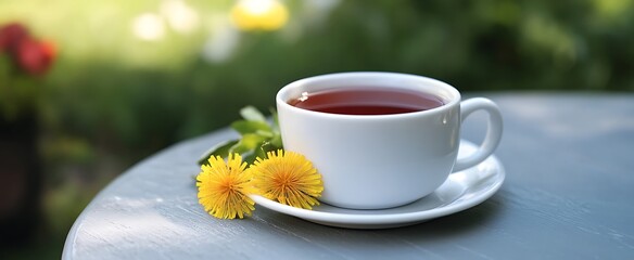 there is a cup of tea on a saucer with a flower
