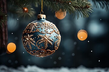 there is a blue ornament hanging from a christmas tree