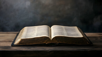 An open Bible on an old wooden table
