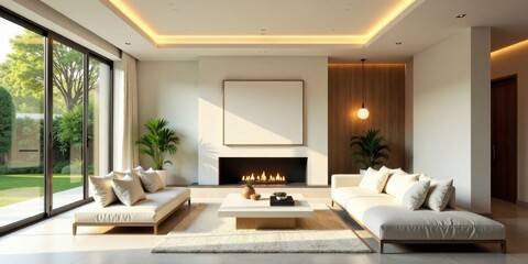 Modern minimalist living room design featuring a fireplace, large windows, and neutral color palette