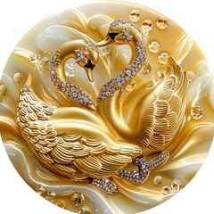 there is a gold plate with two swans in it