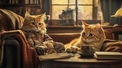 there are two cats sitting on a couch with a coffee cup