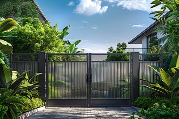 there is a gate that is open to a garden with plants