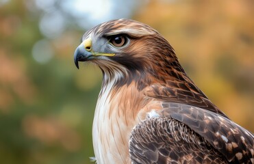 Majestic Hawk Portrait with Sharp Eyes Against a Soft Focused Nature Background in Autumn Hues, Capturing the Essence of Wildlife and Freedom