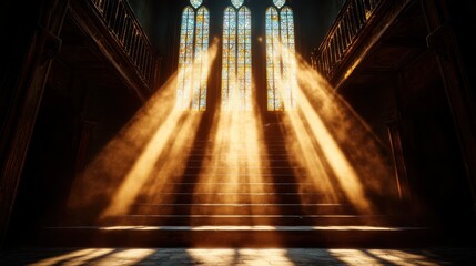 A stunning display of sunlight filtering through stained glass windows, illuminating the grand staircase and creating an ethereal atmosphere filled with enchantment and peace.