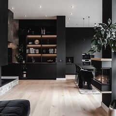 there is a black room with a fireplace and a black couch