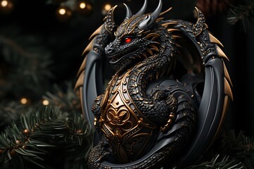 there is a dragon statue on a christmas tree with lights